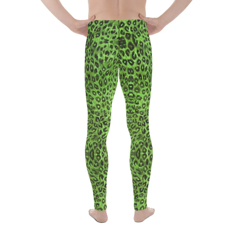 Light Green Leopard Men's Leggings, Animal Print Meggings Compression Tights-Made in USA/EU/MX