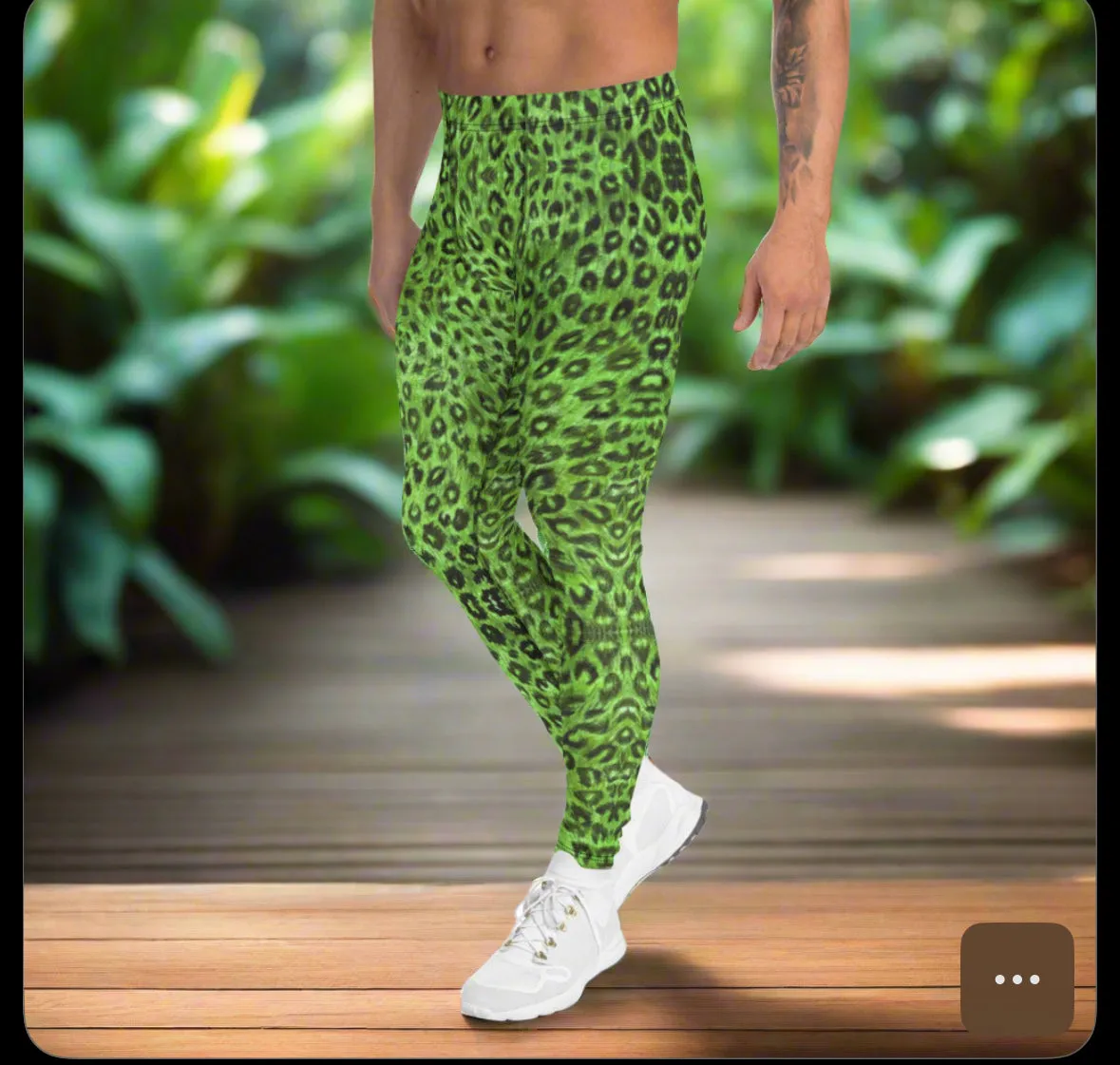 Light Green Leopard Men's Leggings, Animal Print Meggings Compression Tights-Made in USA/EU/MX