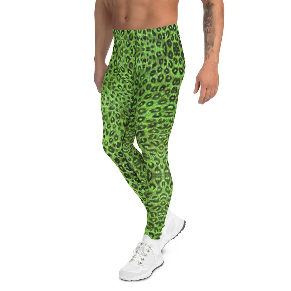 Light Green Leopard Men's Leggings, Animal Print Meggings Compression Tights-Made in USA/EU/MX