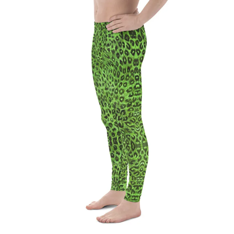 Light Green Leopard Men's Leggings, Animal Print Meggings Compression Tights-Made in USA/EU/MX