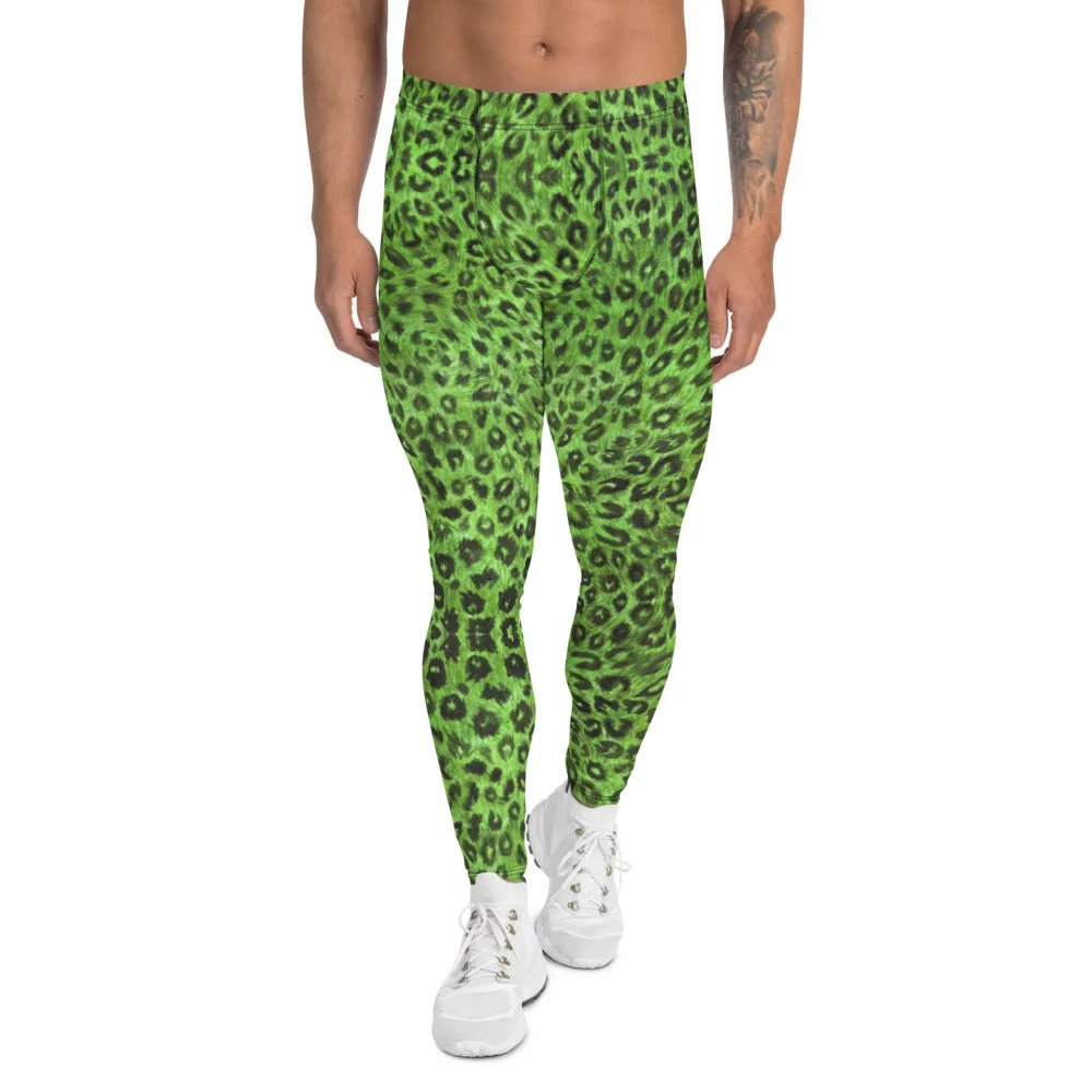 Light Green Leopard Men's Leggings, Animal Print Meggings Compression Tights-Made in USA/EU/MX