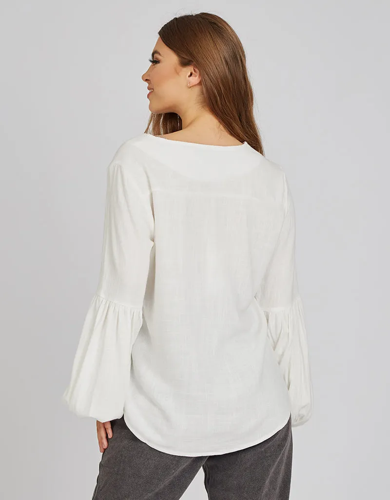 Linen Cross Neck Tie Puff Sleeve Top