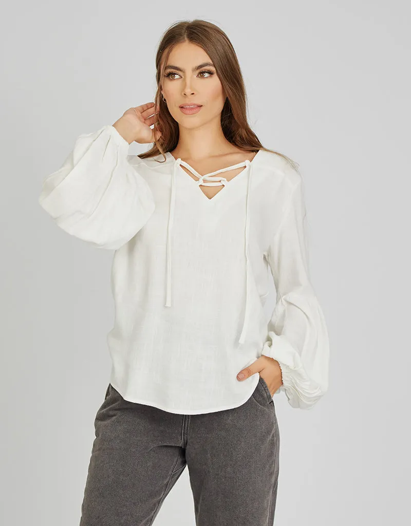 Linen Cross Neck Tie Puff Sleeve Top