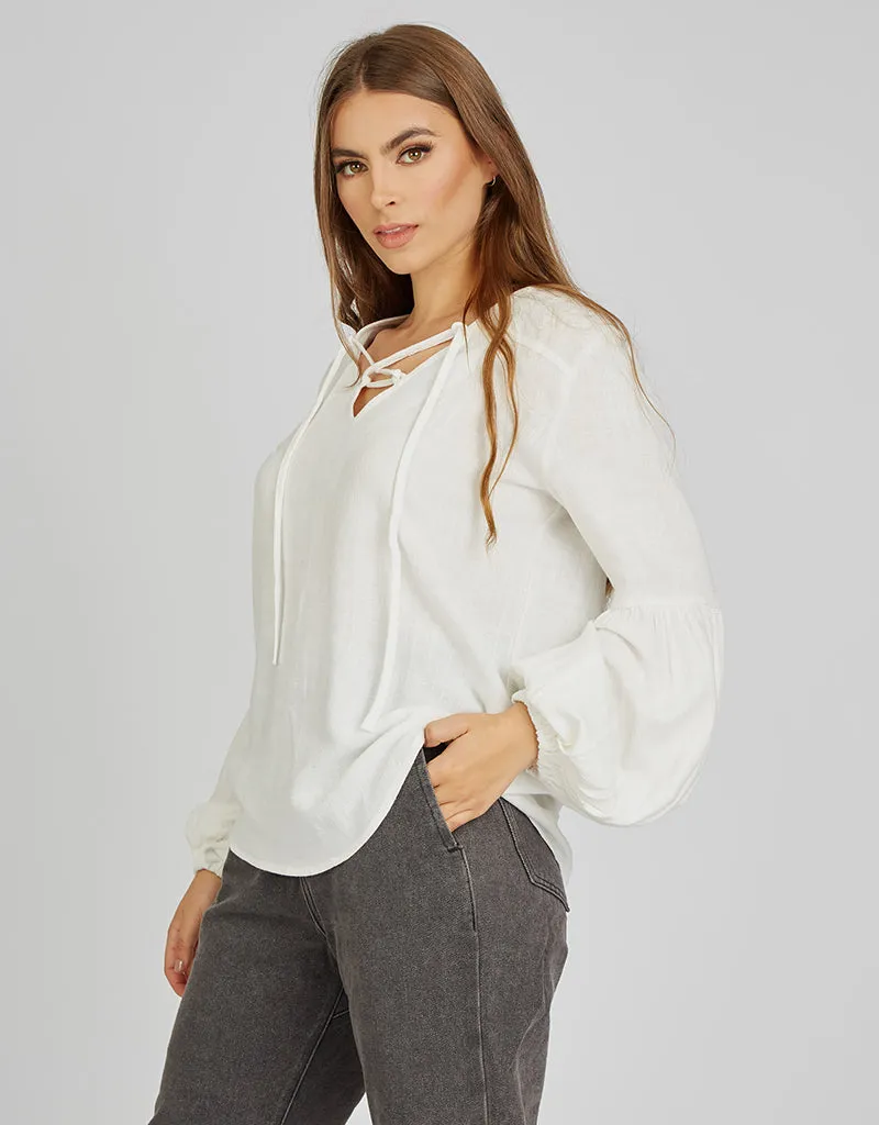 Linen Cross Neck Tie Puff Sleeve Top