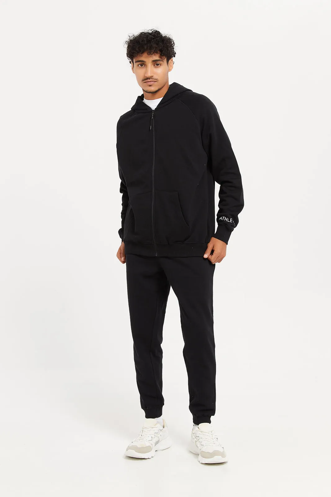 Men Black Plain Zip Through Hooded Sweatshirt