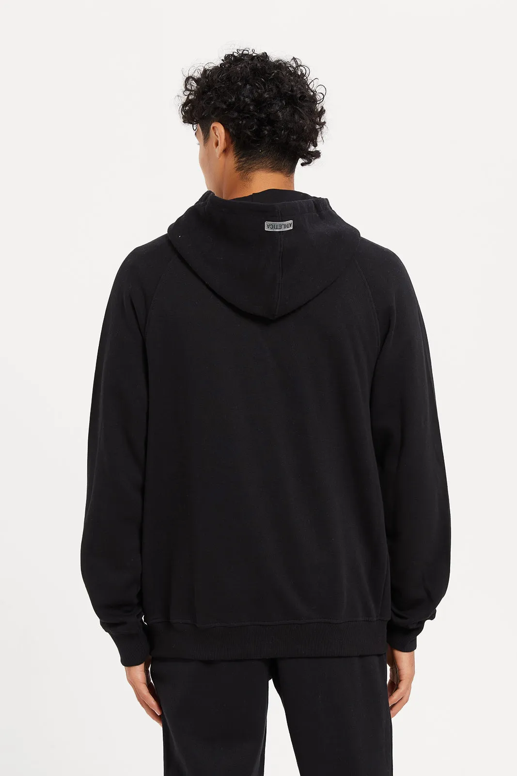 Men Black Plain Zip Through Hooded Sweatshirt