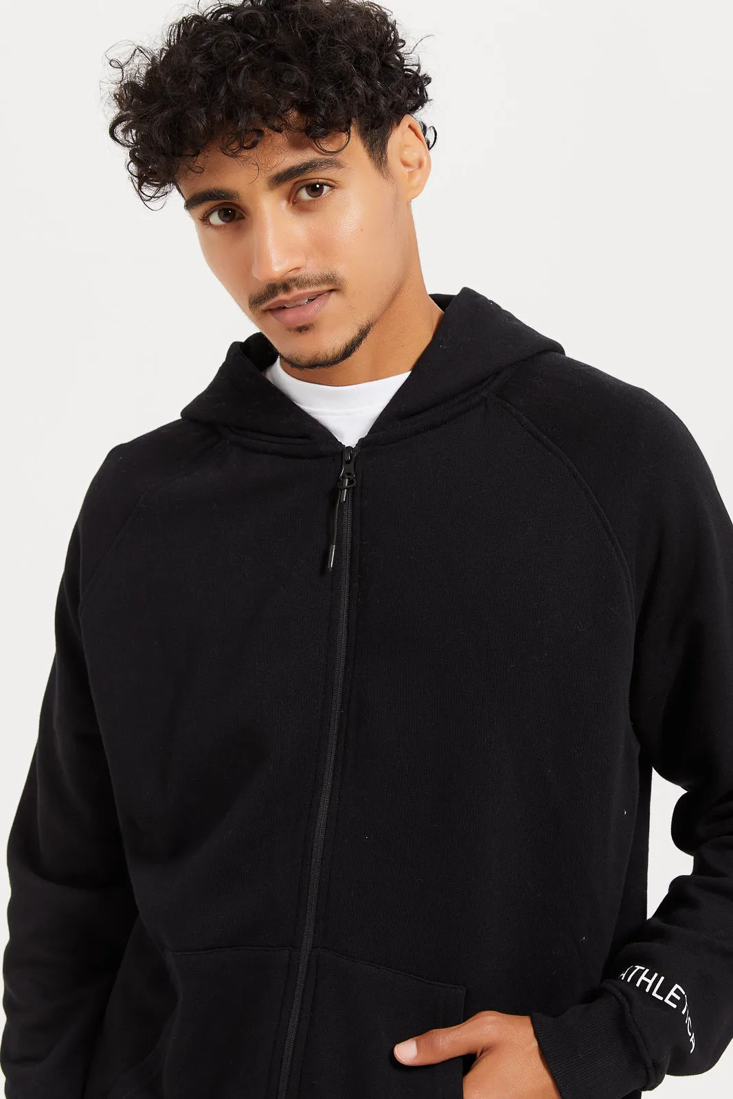 Men Black Plain Zip Through Hooded Sweatshirt