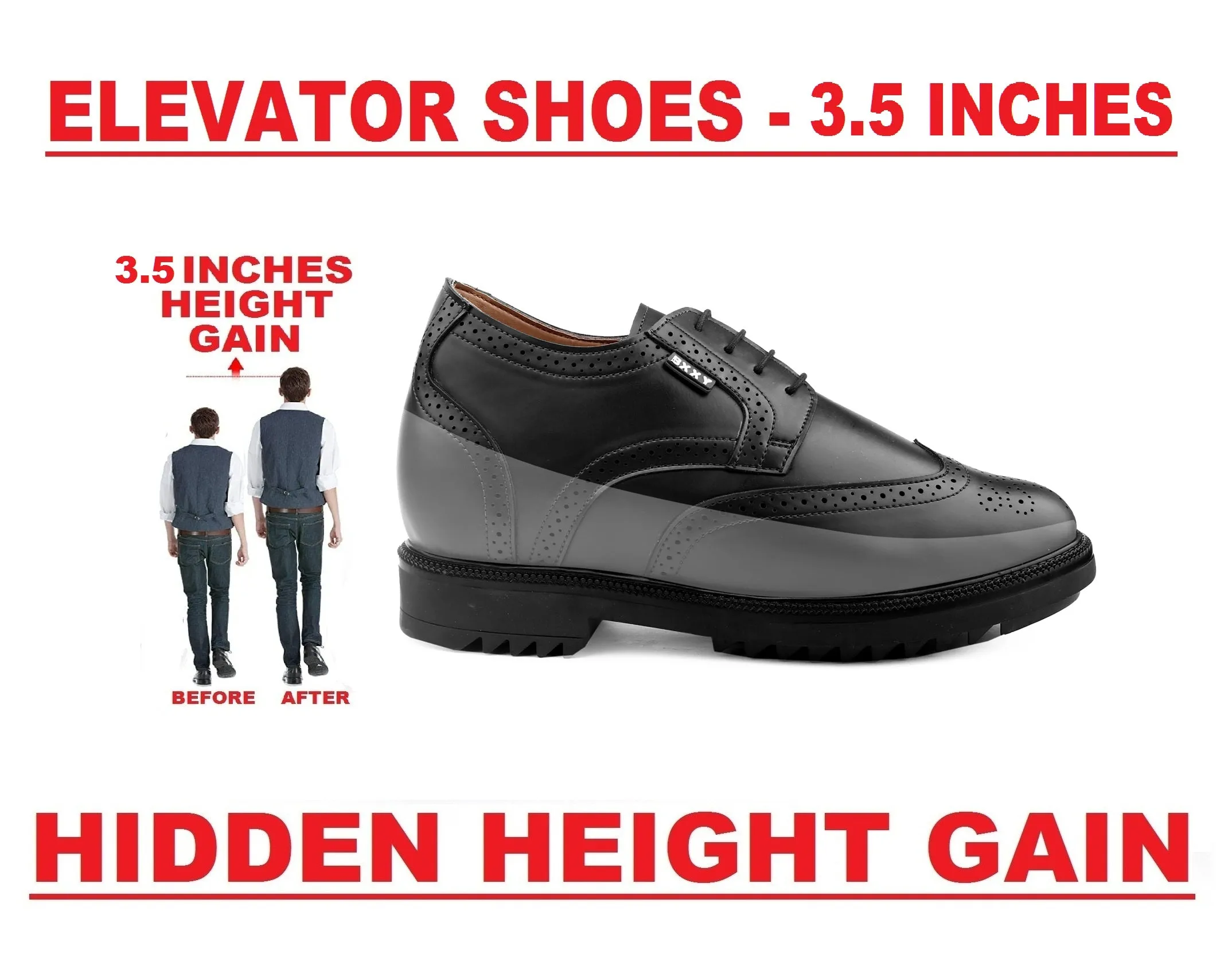 Men's 3.5 Inch Hidden Height Increasing Vegan Leather Brogue Shoes