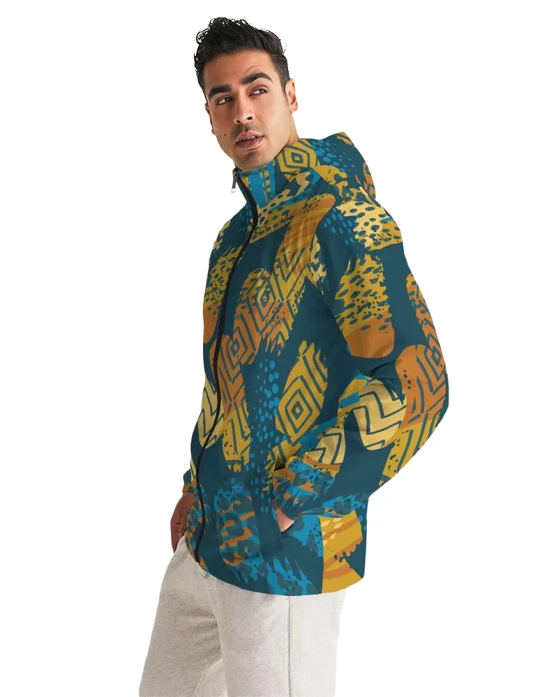 Men's Windbreaker, Blue Geometric Style Men's Hooded Jacket