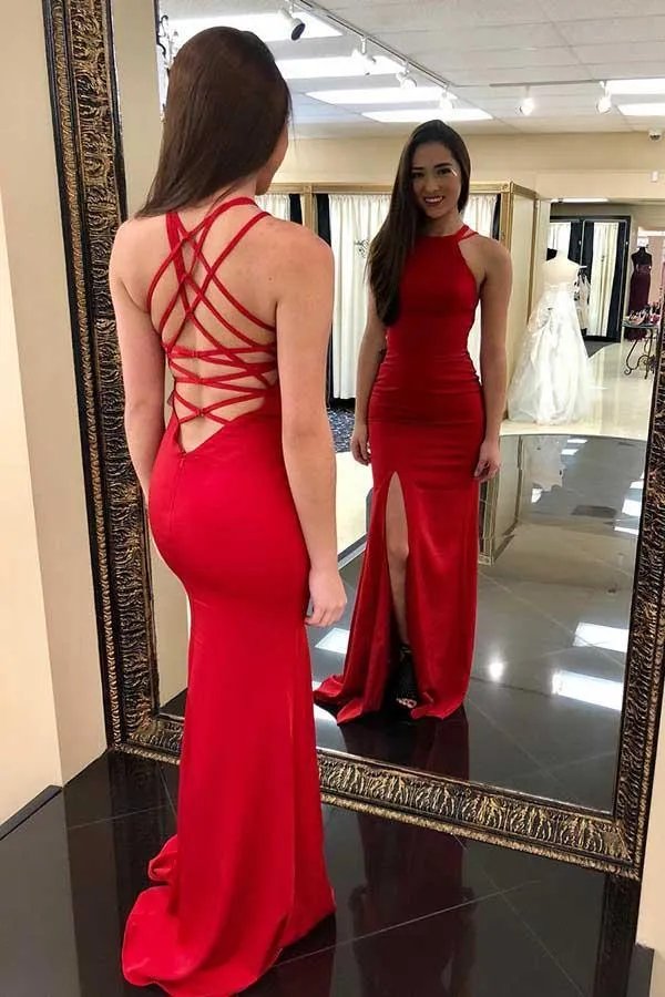 Mermaid Sweep Train Split Criss-Cross Straps Red Satin Prom Dress  PG563