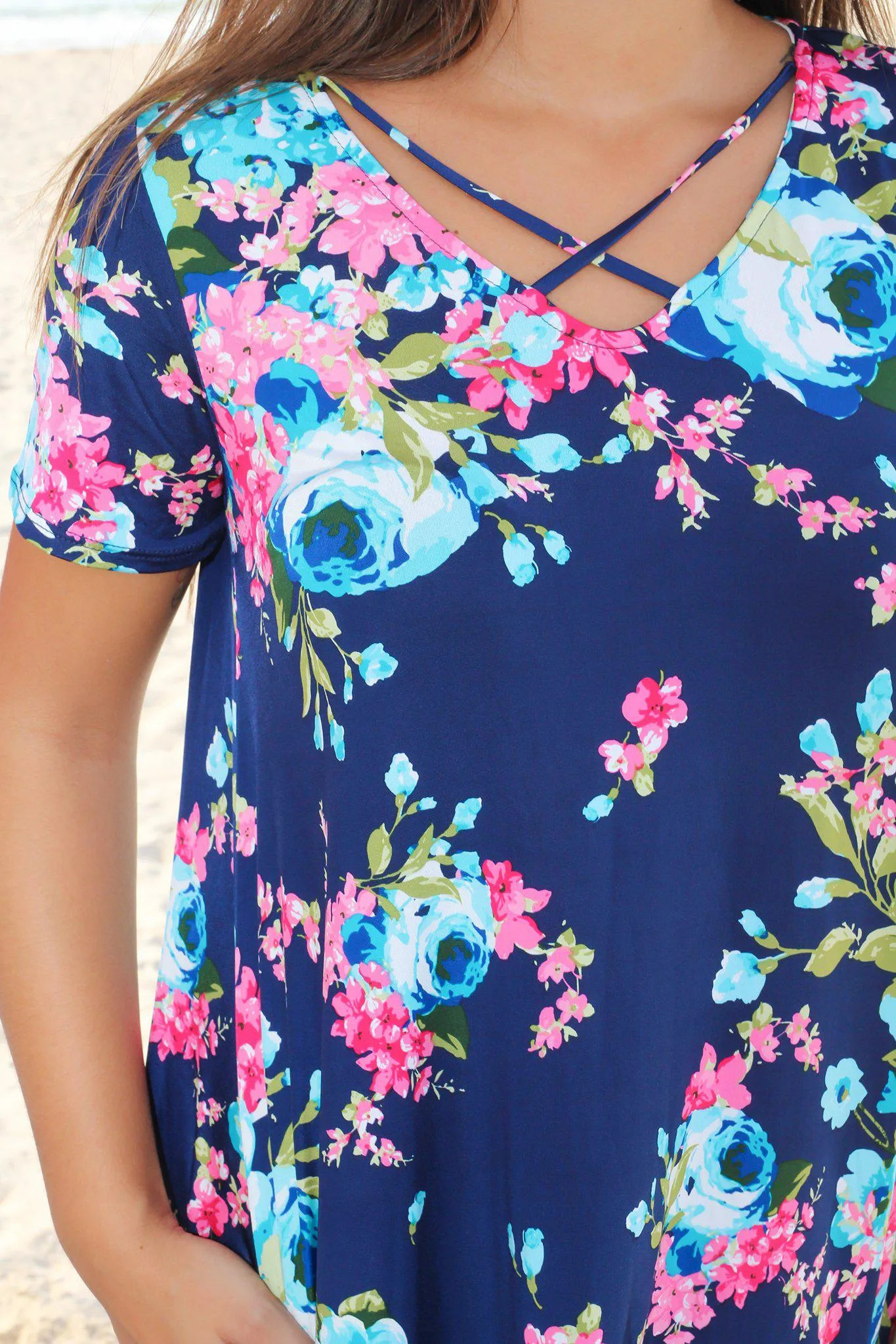 Navy Floral Criss Cross Short Dress