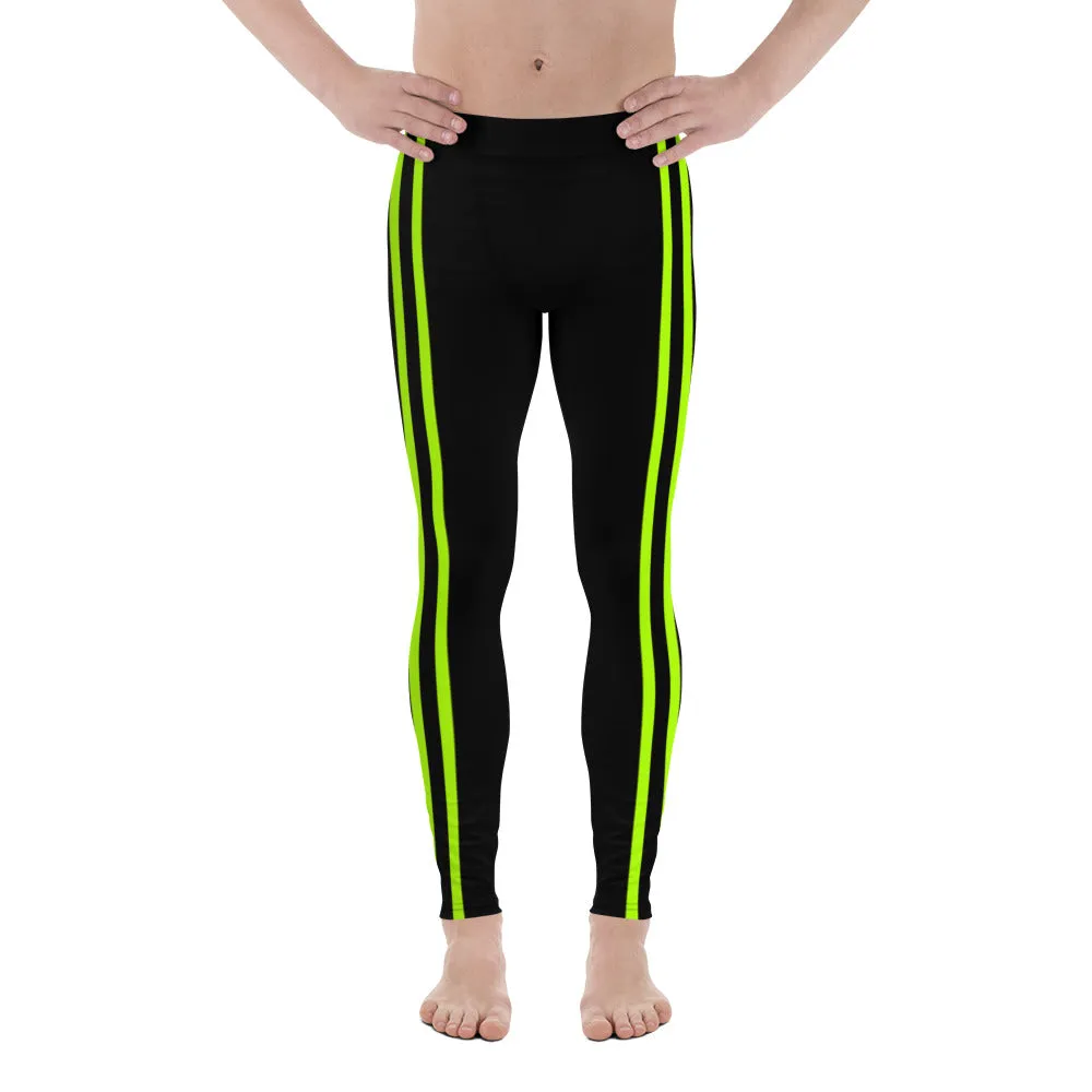 Neon Green Striped Men's Leggings, Modern Designer Premium Meggings-Made in USA/EU/MX