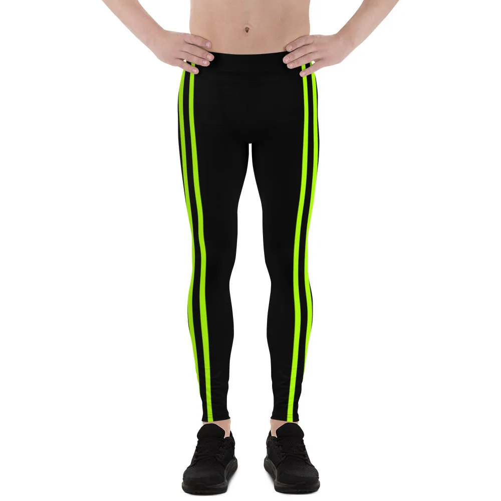 Neon Green Striped Men's Leggings, Modern Designer Premium Meggings-Made in USA/EU/MX