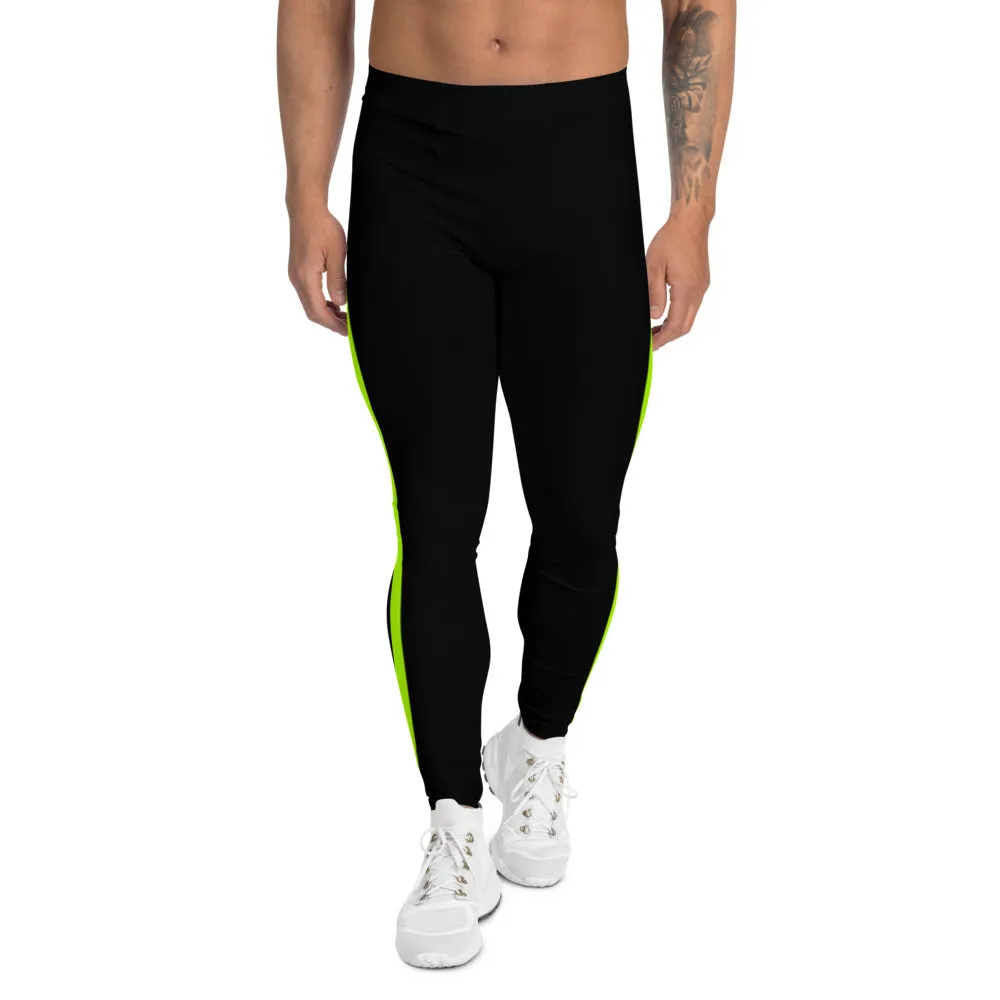 Neon Green Striped Men's Leggings, Modern Designer Premium Meggings-Made in USA/EU/MX