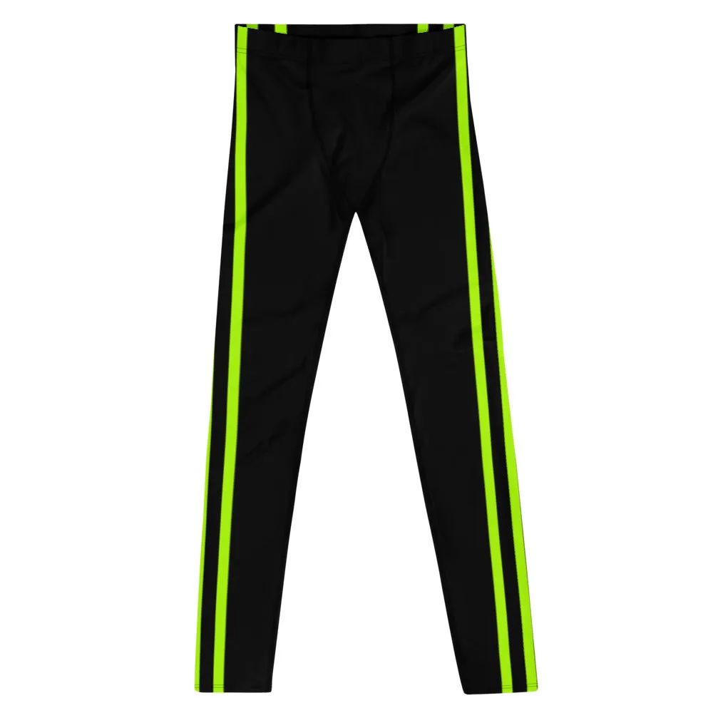 Neon Green Striped Men's Leggings, Modern Designer Premium Meggings-Made in USA/EU/MX