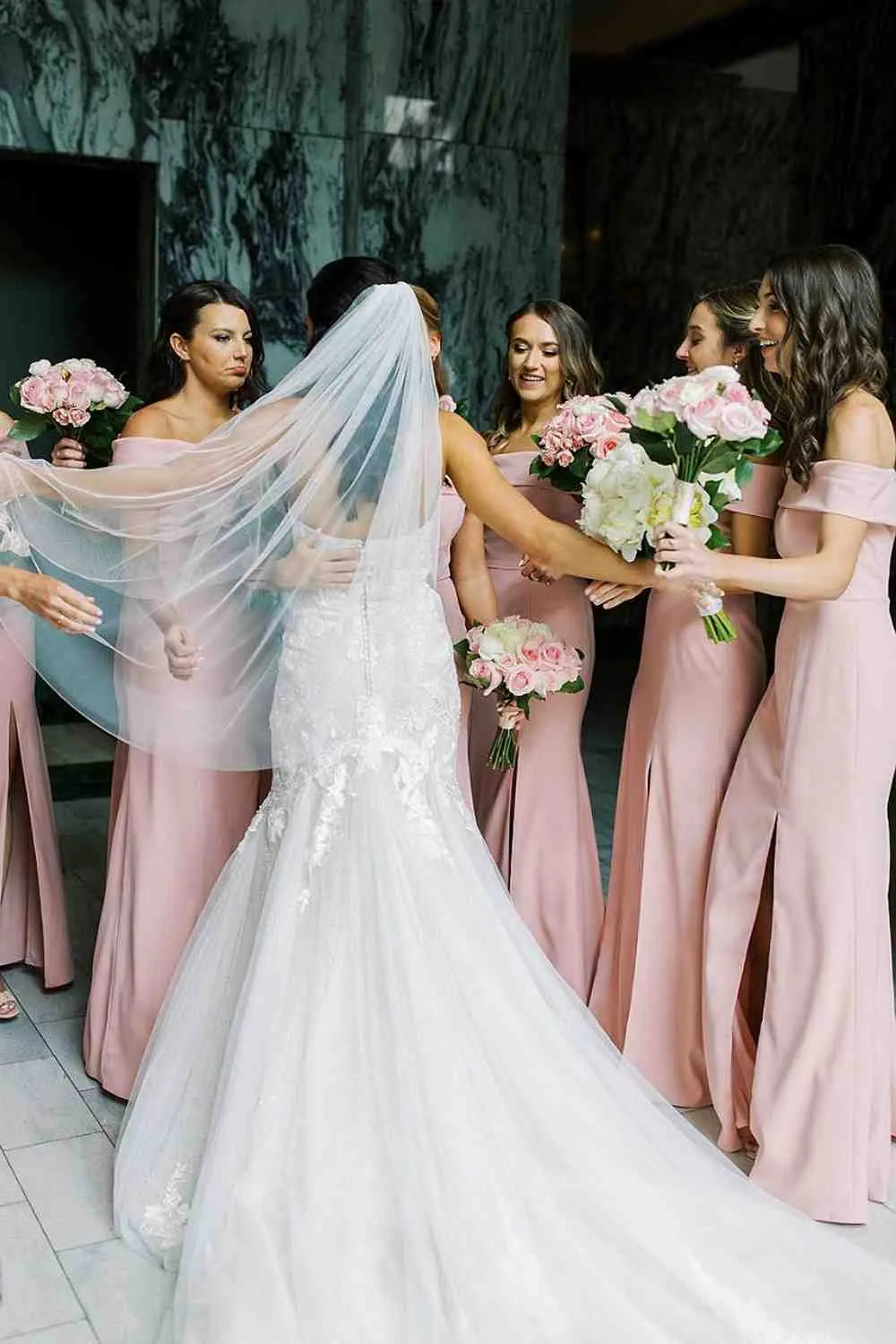 Off the Shoulder Light Pink Long Bridesmaid Dress with Slit,Wedding Guest Dresses