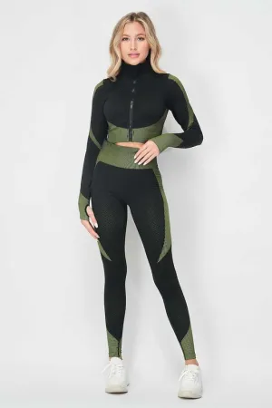 Olive Honey Comb Active Cropped Jacket Leggings Set