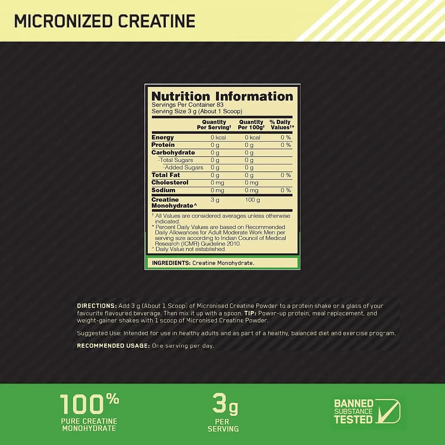 Optimum Nutrition (ON) Micronized Creatine Powder - 250 Gram, 83 Serves, Unflavored, 3g of 100% Creatine Monohydrate per serve, Supports Athletic Performance & Power