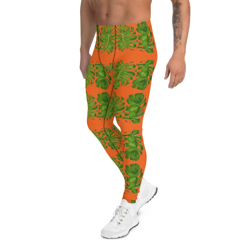 Orange Tropical Leaf Men's Leggings, Hawaiian Style Leaves Meggings Tights-Made in USA/EU/MX