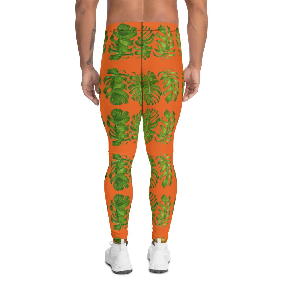 Orange Tropical Leaf Men's Leggings, Hawaiian Style Leaves Meggings Tights-Made in USA/EU/MX