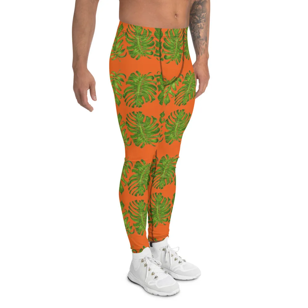 Orange Tropical Leaf Men's Leggings, Hawaiian Style Leaves Meggings Tights-Made in USA/EU/MX