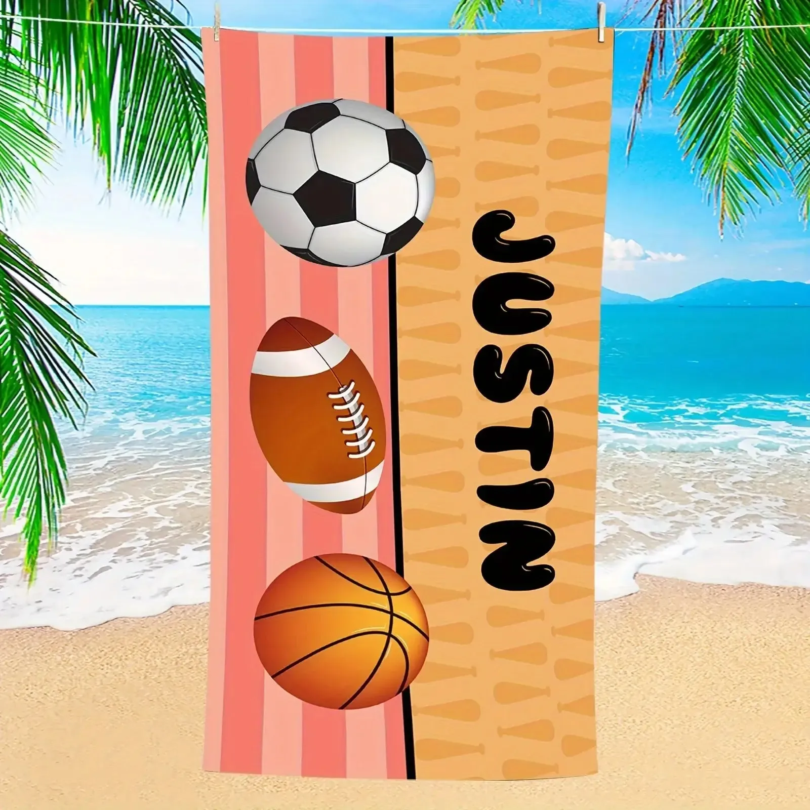 Personalized Name Sports Beach Towel Football Soccer Basketball