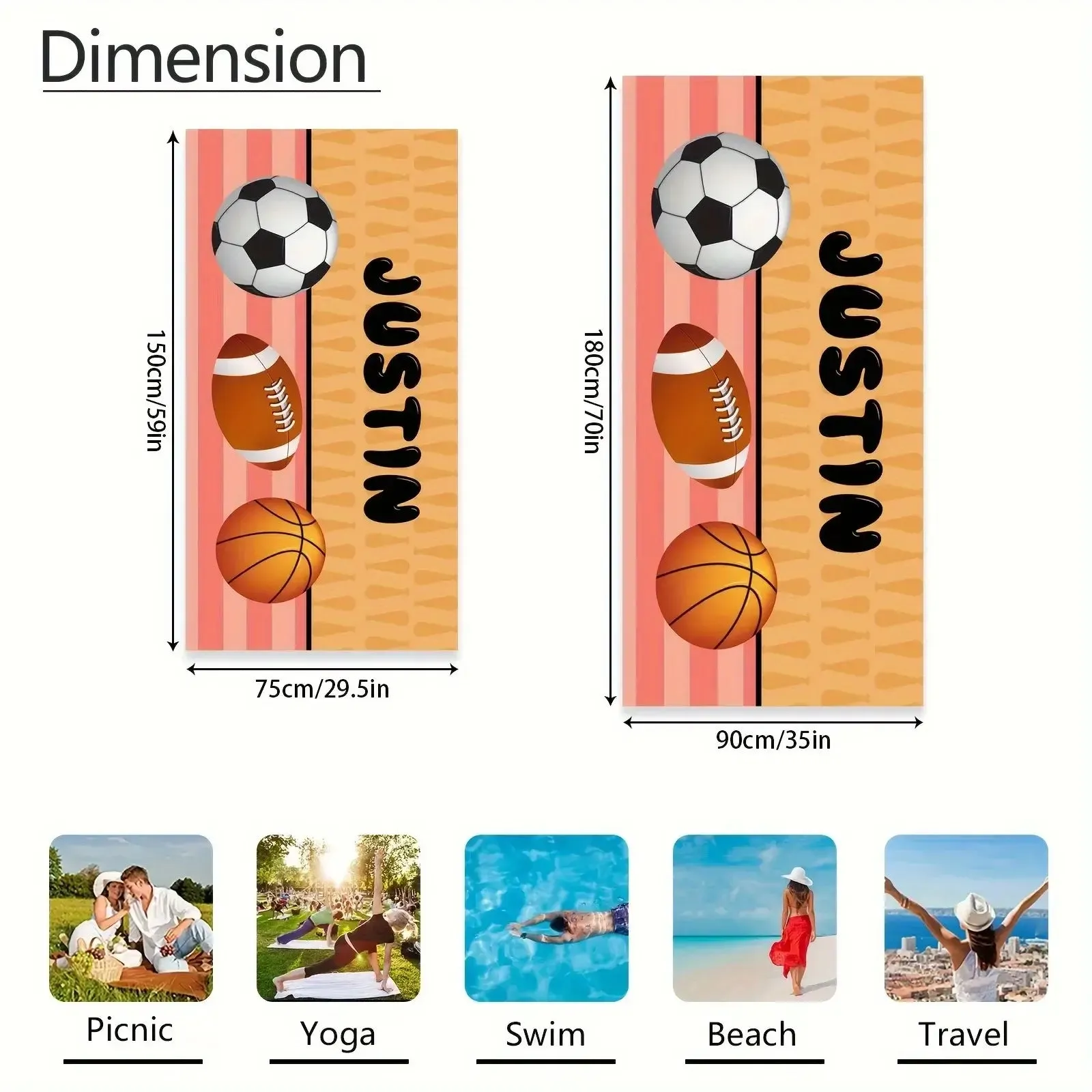 Personalized Name Sports Beach Towel Football Soccer Basketball