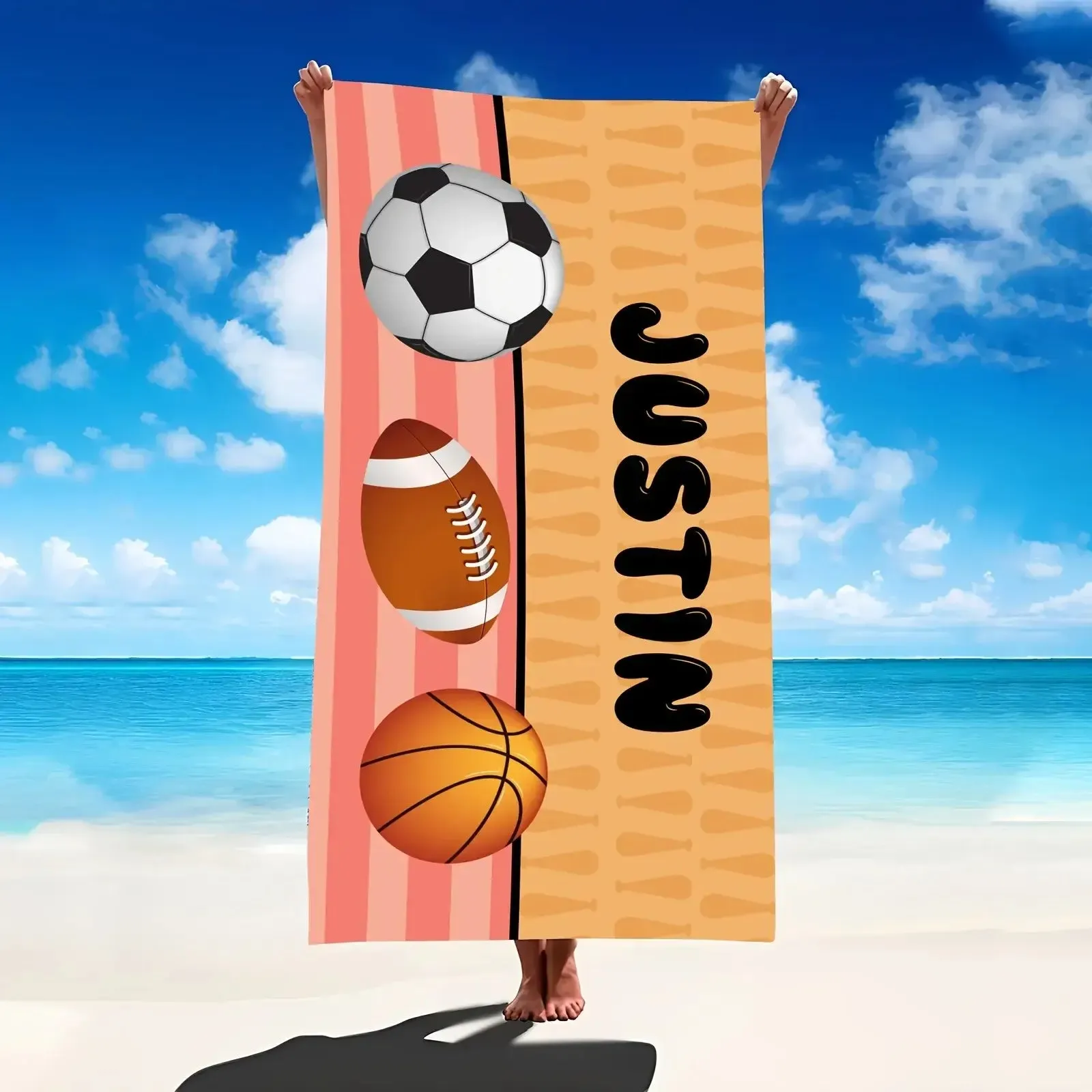 Personalized Name Sports Beach Towel Football Soccer Basketball