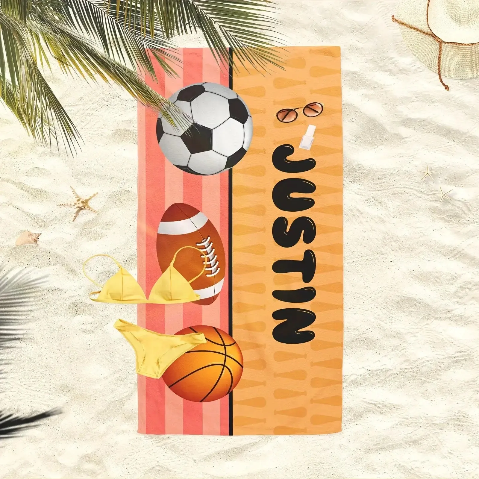 Personalized Name Sports Beach Towel Football Soccer Basketball