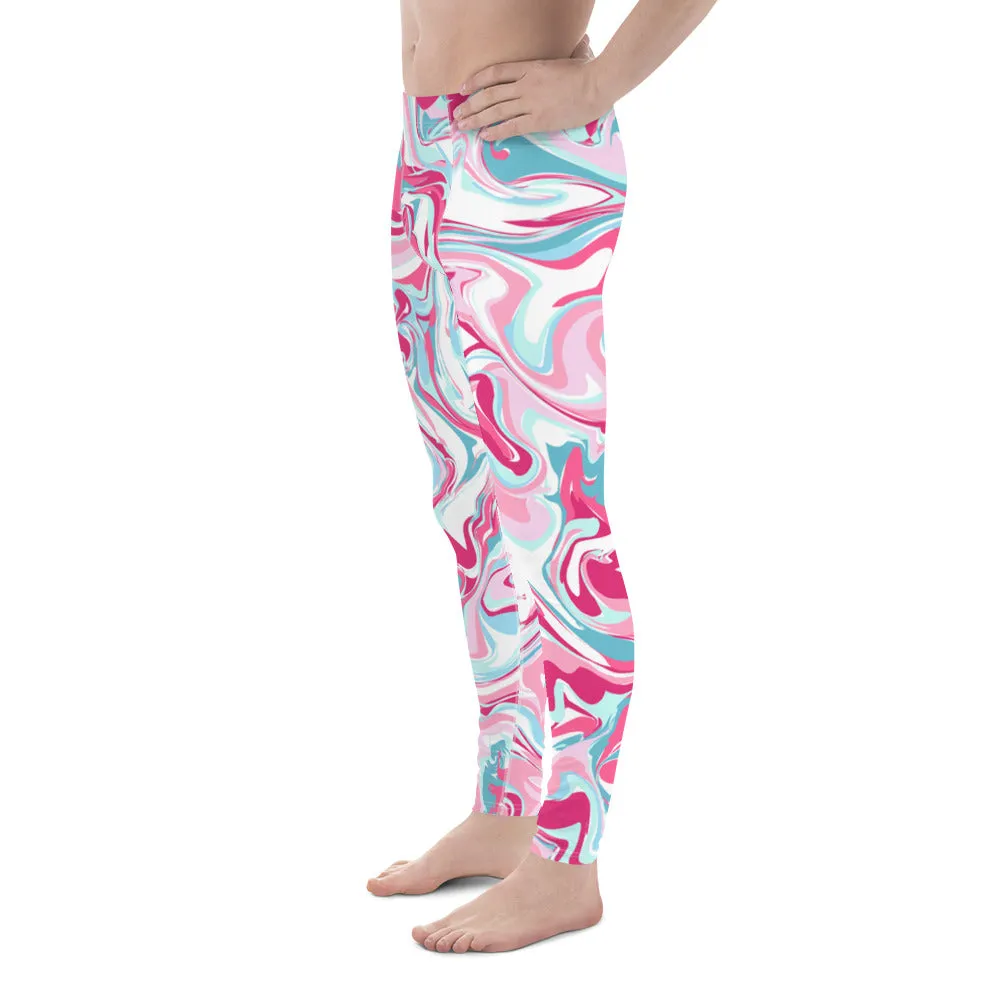 Pink Acrylic Pour Abstract Marble Print Sexy Meggings Men's Tights- Made in USA/EU