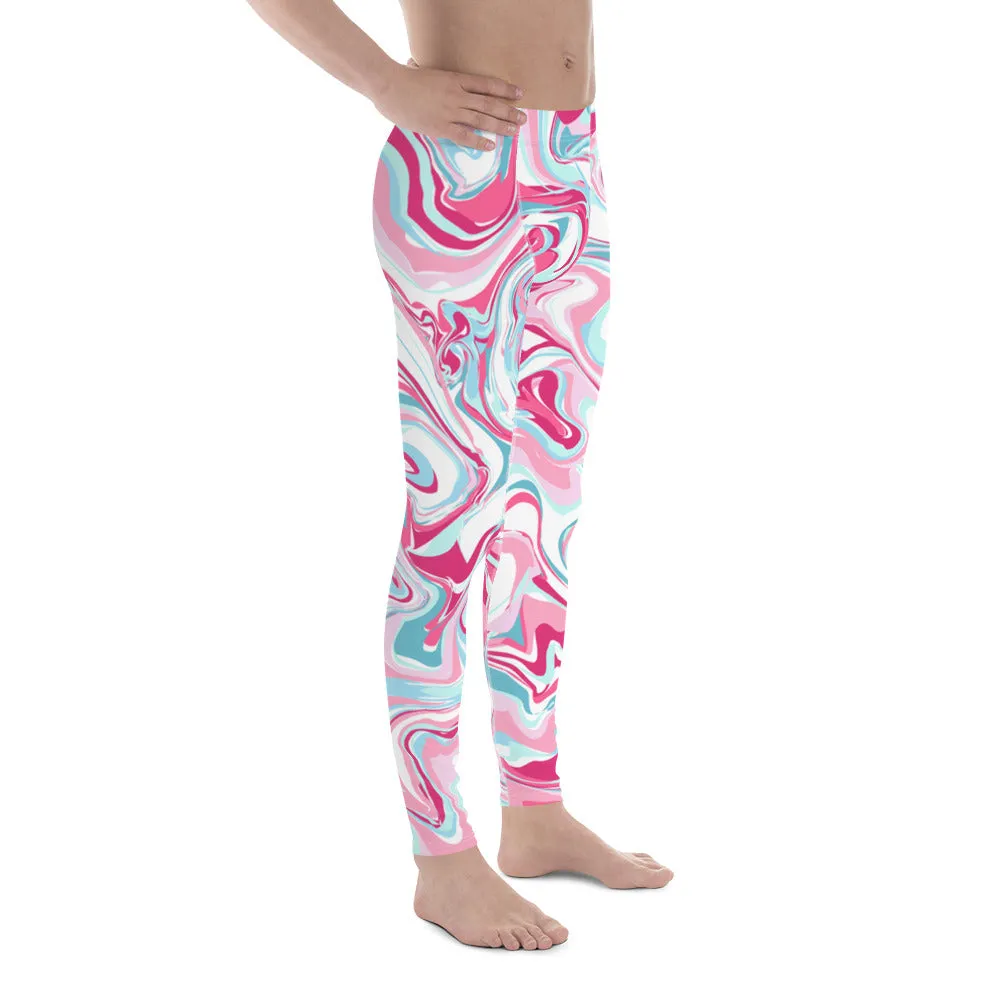 Pink Acrylic Pour Abstract Marble Print Sexy Meggings Men's Tights- Made in USA/EU