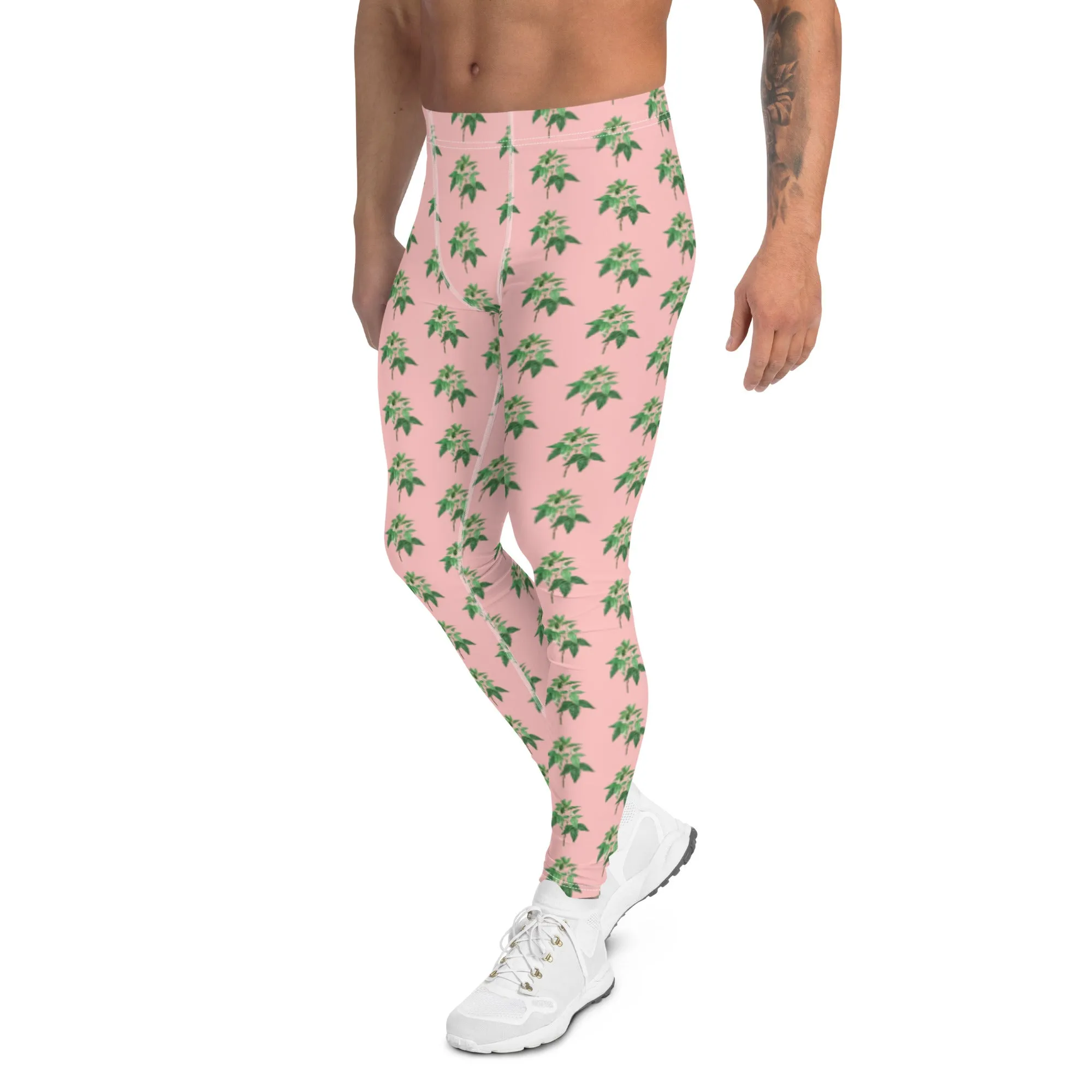 Pink Floral Print Men's Leggings, Flower Meggings Designer Workout Tights-Made in USA/EU/MX