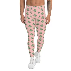 Pink Floral Print Men's Leggings, Flower Meggings Designer Workout Tights-Made in USA/EU/MX