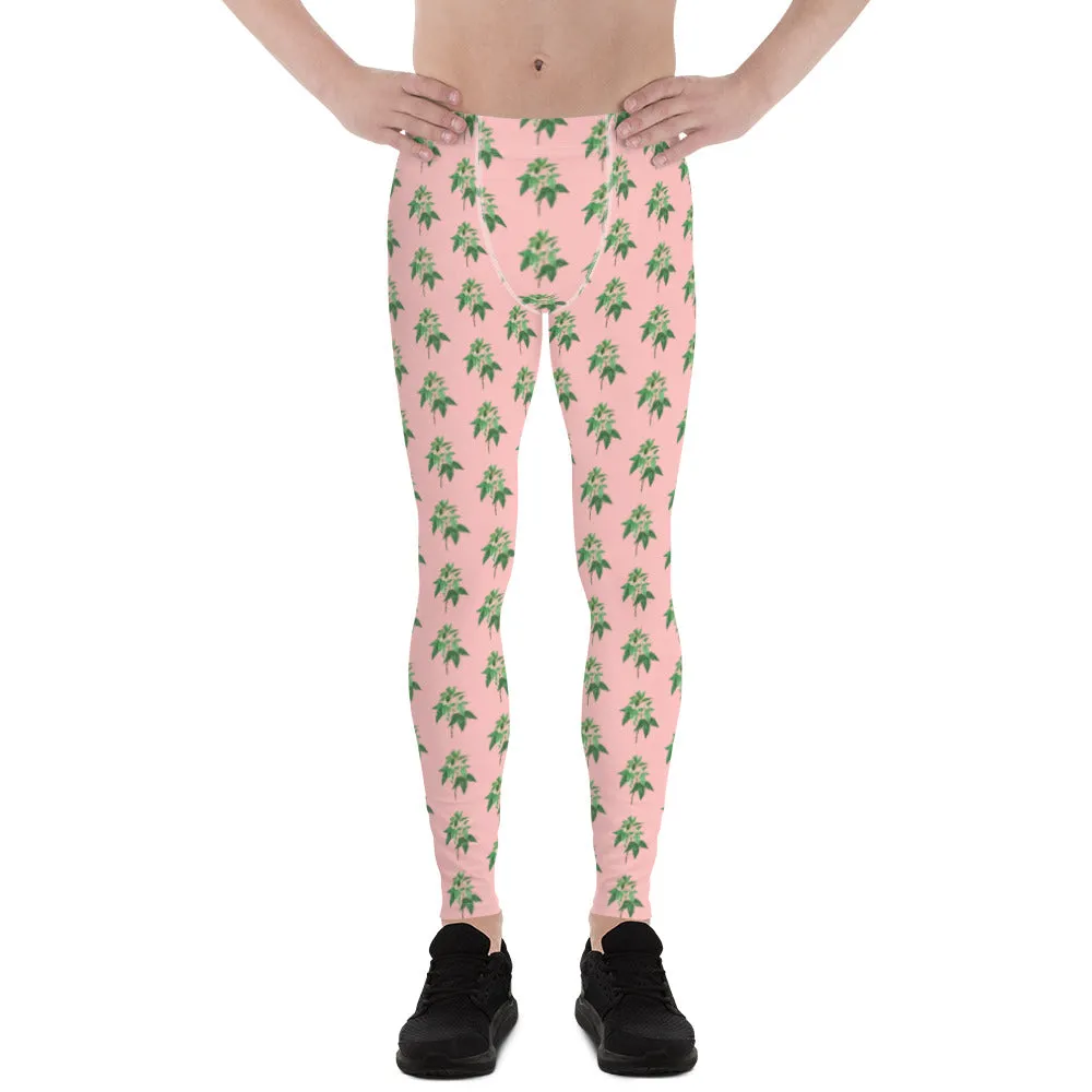 Pink Floral Print Men's Leggings, Flower Meggings Designer Workout Tights-Made in USA/EU/MX