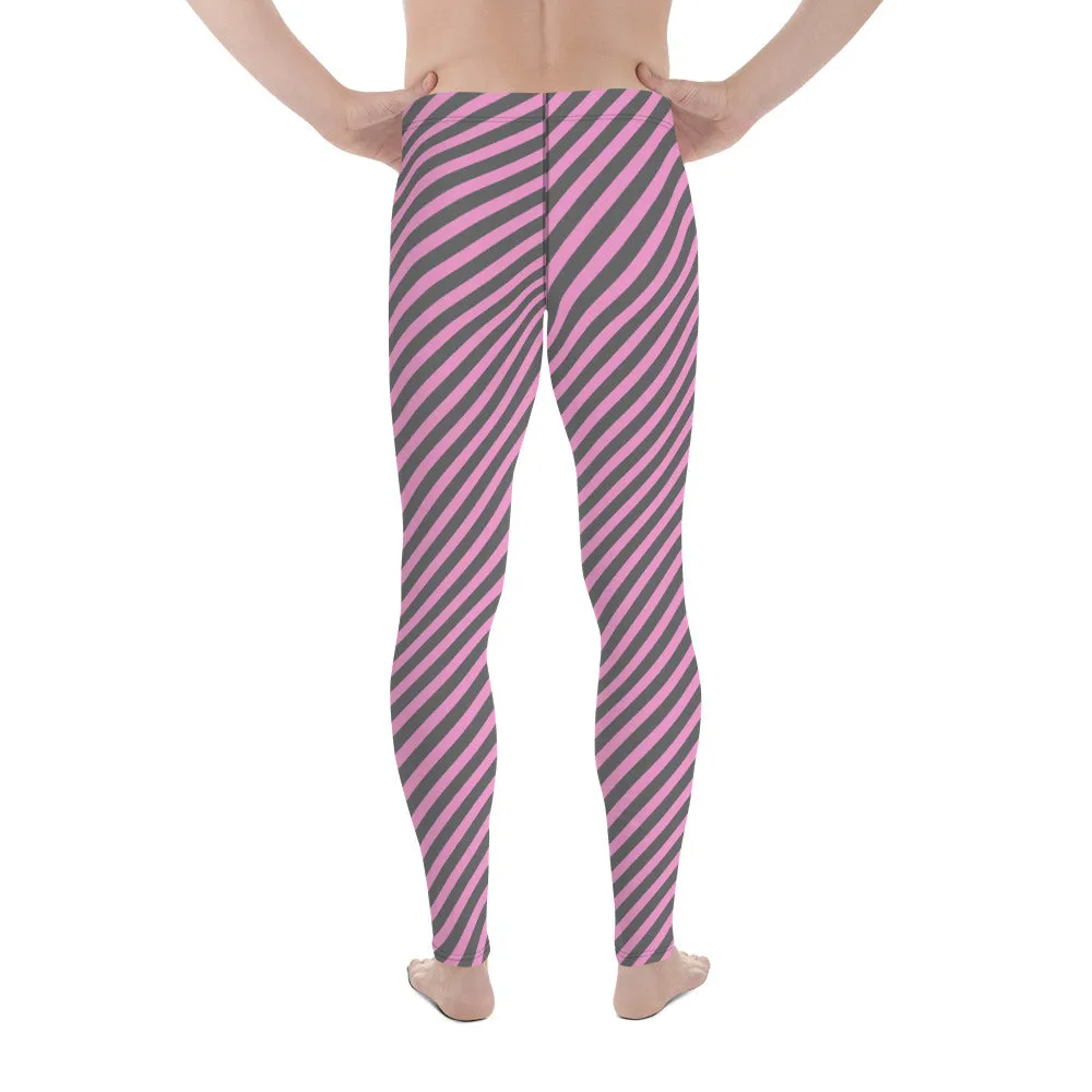 Pink Grey Diagonal Striped Meggings, Colorful Best Compression Tights For Men - Made in USA/EU/MX