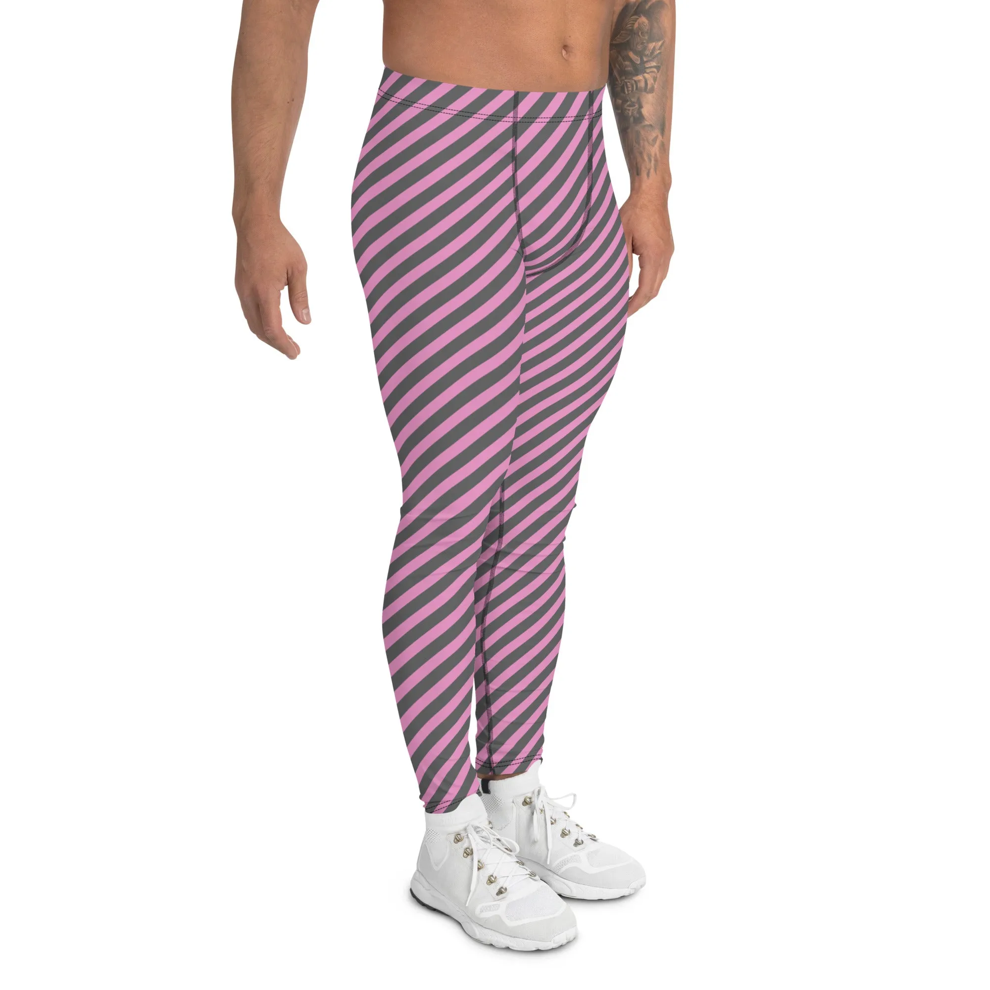 Pink Grey Diagonal Striped Meggings, Colorful Best Compression Tights For Men - Made in USA/EU/MX