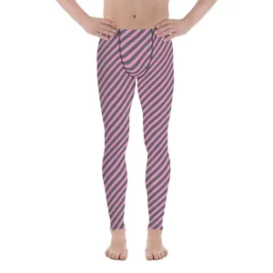 Pink Grey Diagonal Striped Meggings, Colorful Best Compression Tights For Men - Made in USA/EU/MX