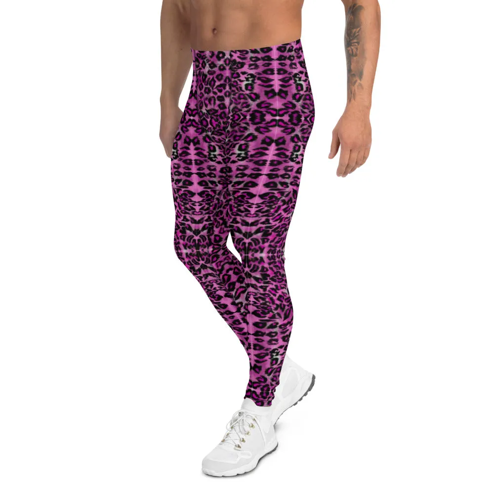 Pink Leopard Print Men's Leggings, Sexy Animal Print Meggings Running Tights For Men