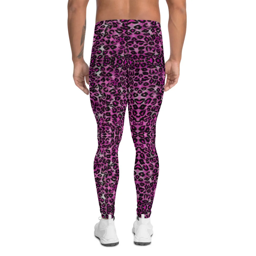 Pink Leopard Print Men's Leggings, Sexy Animal Print Meggings Running Tights For Men