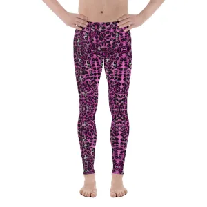 Pink Leopard Print Men's Leggings, Sexy Animal Print Meggings Running Tights For Men