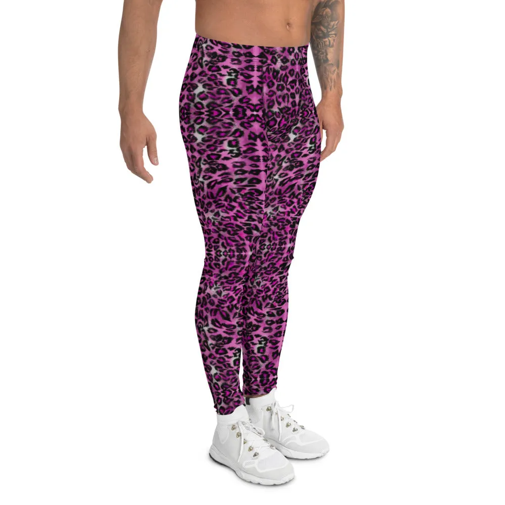 Pink Leopard Print Men's Leggings, Sexy Animal Print Meggings Running Tights For Men