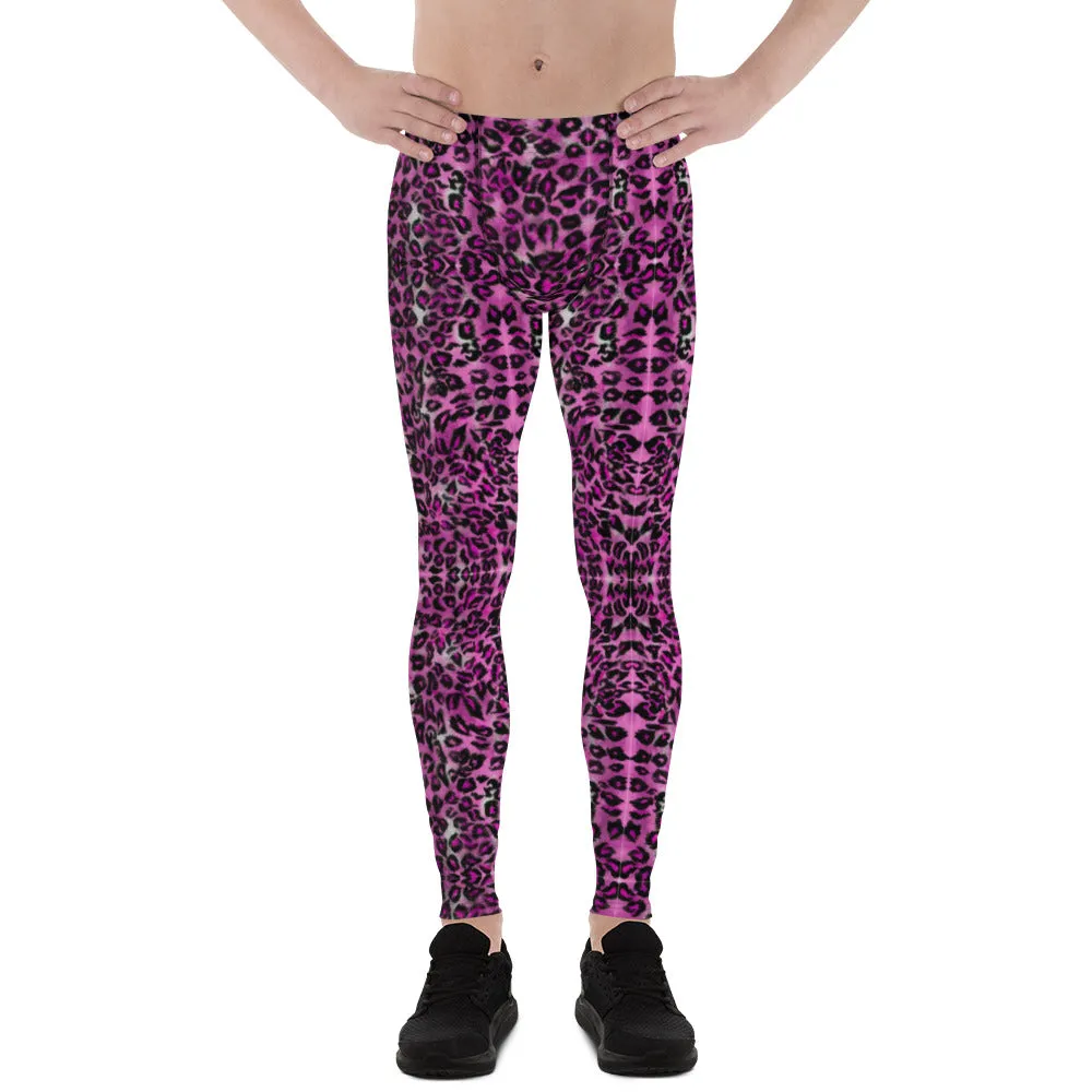 Pink Leopard Print Men's Leggings, Sexy Animal Print Meggings Running Tights For Men