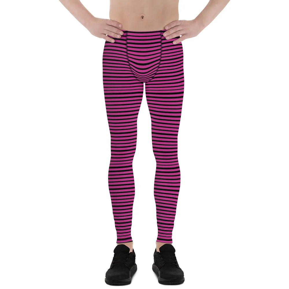 Pink Striped Men's Leggings, Designer Stripes Meggings Gym Tights For Men-Made in USA/EU/MX