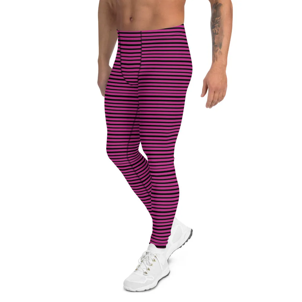 Pink Striped Men's Leggings, Designer Stripes Meggings Gym Tights For Men-Made in USA/EU/MX