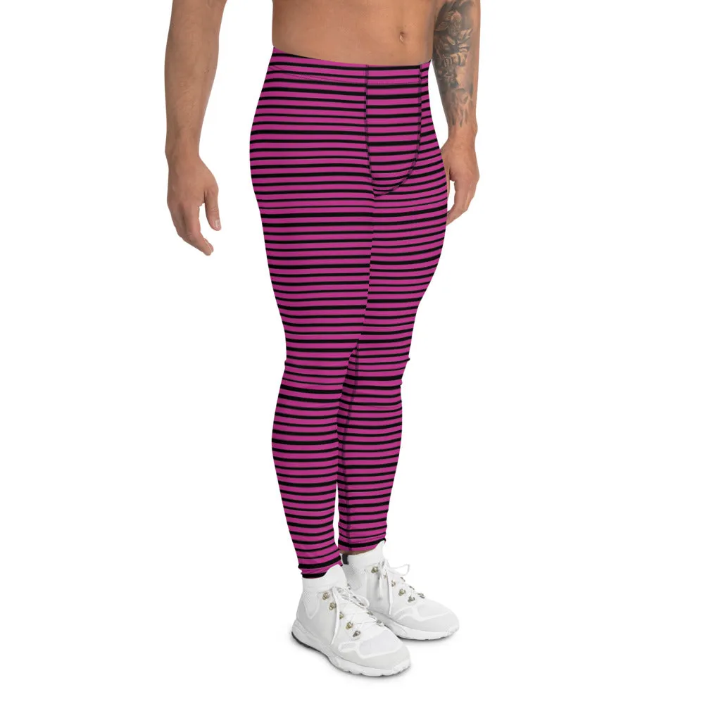 Pink Striped Men's Leggings, Designer Stripes Meggings Gym Tights For Men-Made in USA/EU/MX