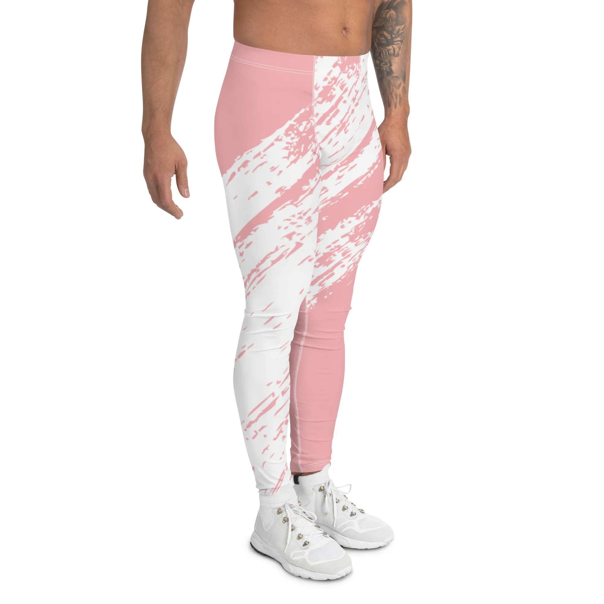 Pink White Abstract Men's Leggings, Best Modern Minimalist Premium Meggings Running Tights-Made in USA/EU