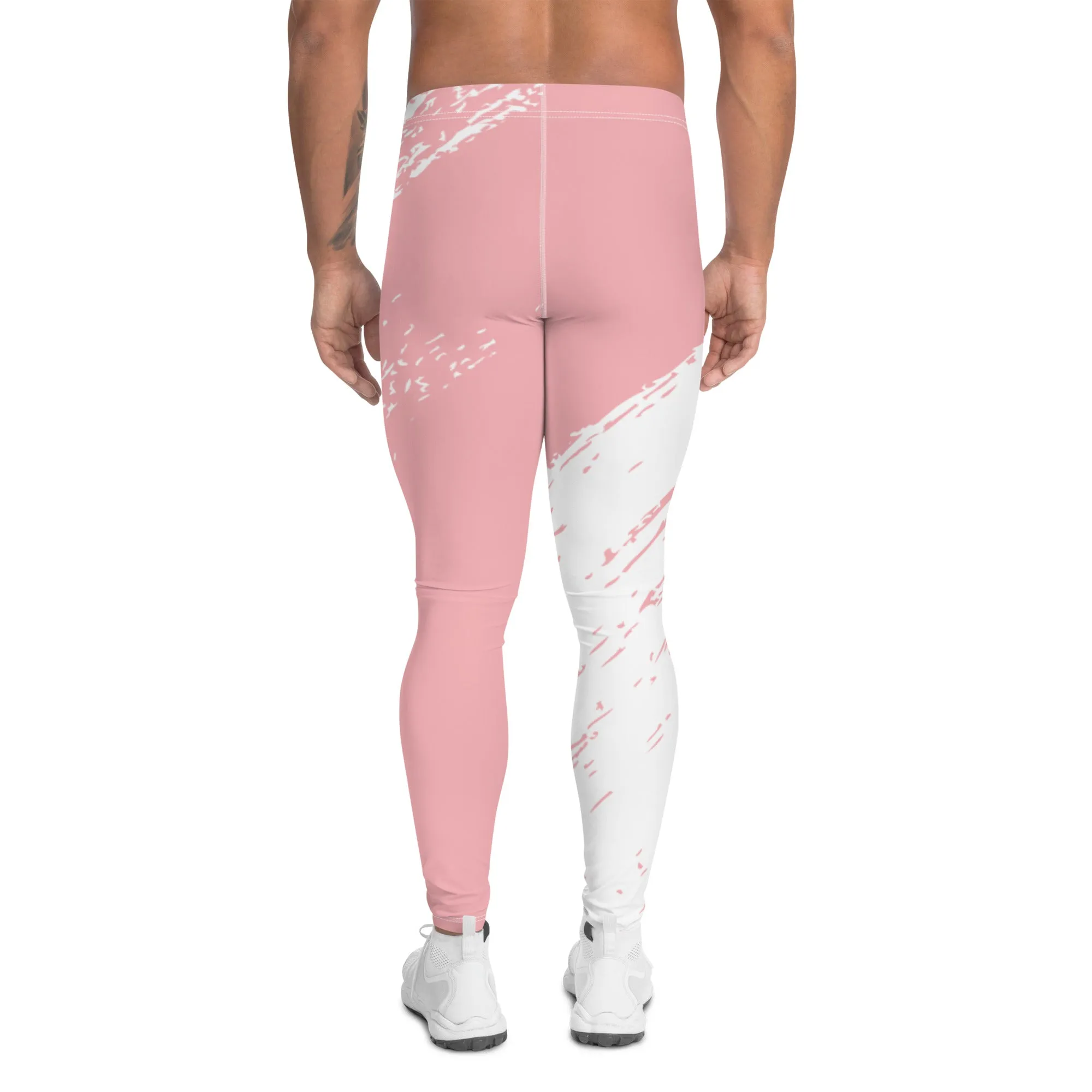 Pink White Abstract Men's Leggings, Best Modern Minimalist Premium Meggings Running Tights-Made in USA/EU