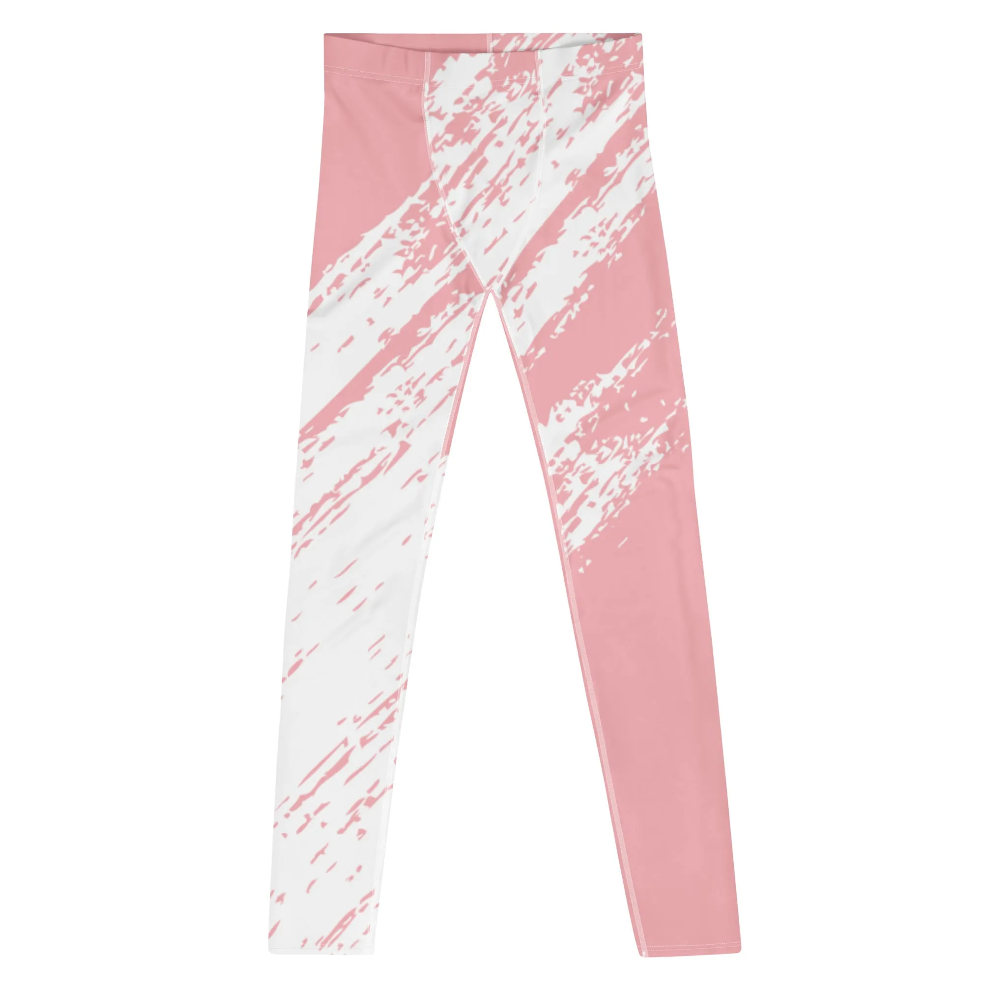 Pink White Abstract Men's Leggings, Best Modern Minimalist Premium Meggings Running Tights-Made in USA/EU