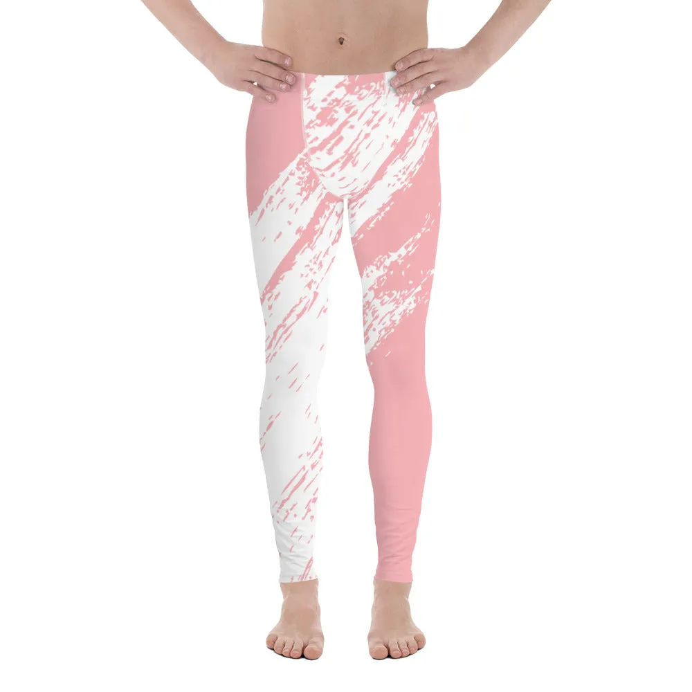 Pink White Abstract Men's Leggings, Best Modern Minimalist Premium Meggings Running Tights-Made in USA/EU