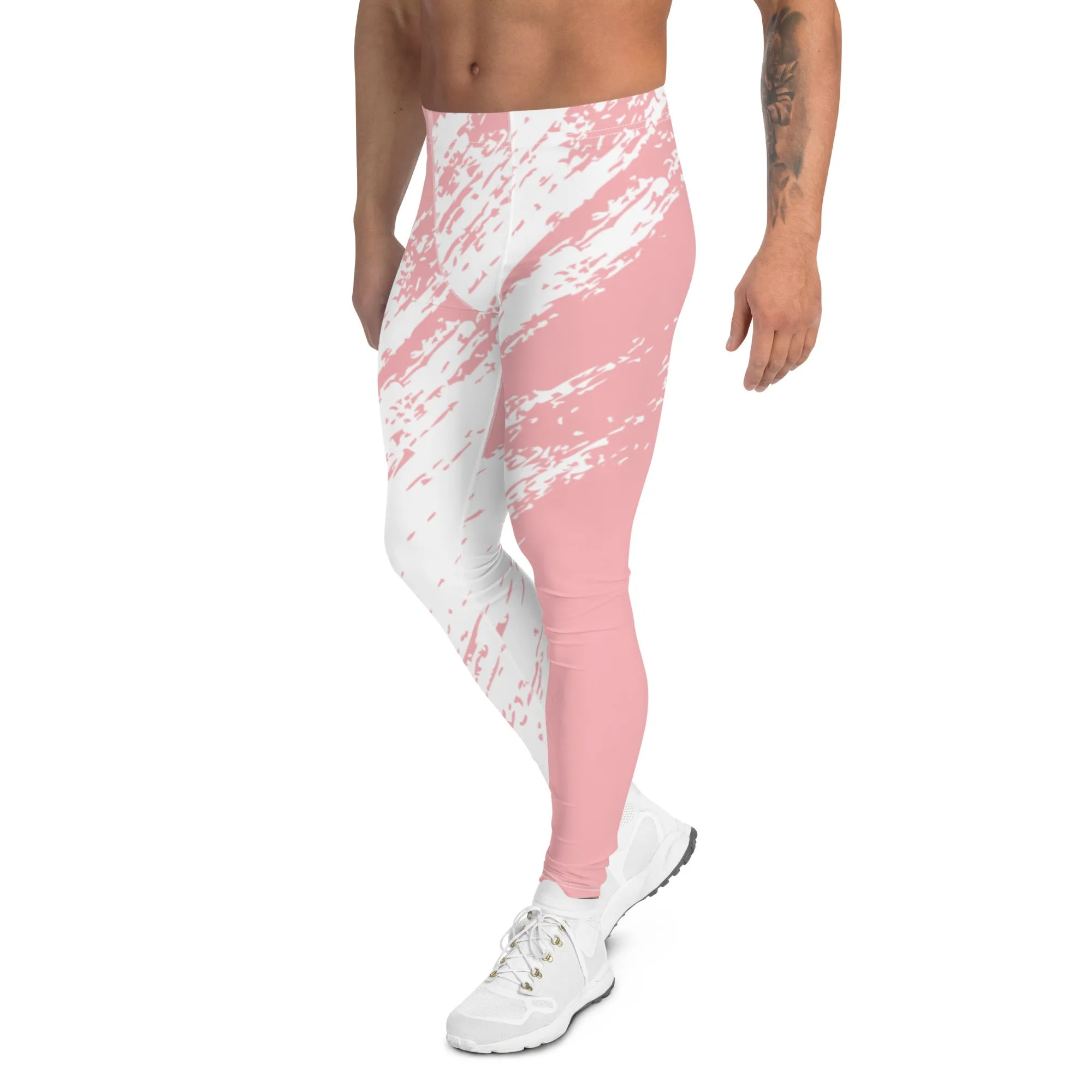 Pink White Abstract Men's Leggings, Best Modern Minimalist Premium Meggings Running Tights-Made in USA/EU